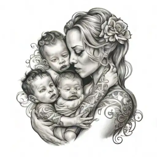 a mother with 3 babys   tattoo design idea