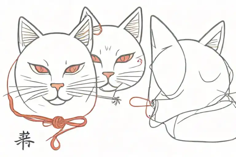 A japanese cat mask and a red thread on the back, on one end the japanese symbol of luck and on the other end the symbol tattoo design idea