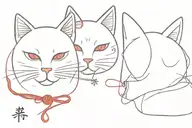 A japanese cat mask and a red thread on the back, on one end the japanese symbol of luck and on the other end the symbol tattoo design idea