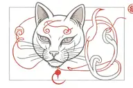 A japanese cat mask and a red thread on the back, on one end the japanese symbol of luck and on the other end the symbol tattoo design idea