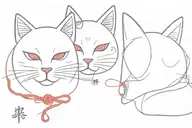 A japanese cat mask and a red thread on the back, on one end the japanese symbol of luck and on the other end the symbol tattoo design idea