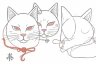 A japanese cat mask and a red thread on the back, on one end the japanese symbol of luck and on the other end the symbol tattoo design idea