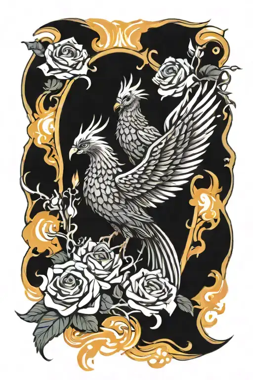 phoenix rising from flames surrounded with roses   tattoo design idea