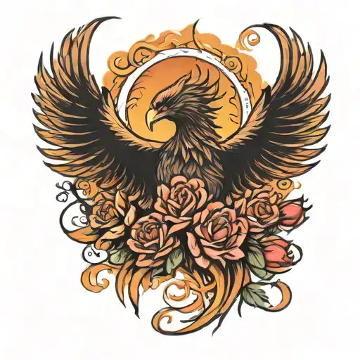 phoenix rising from flames surrounded with roses   tattoo design idea