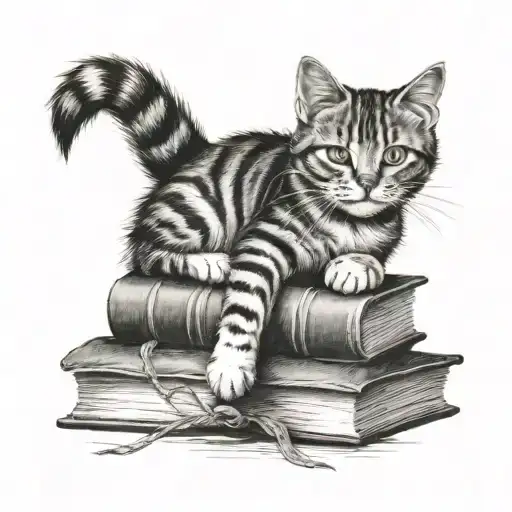A stack of books with a cat lounging on top tattoo design idea