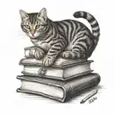 A stack of books with a cat lounging on top tattoo design idea