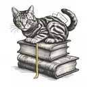 A stack of books with a cat lounging on top tattoo design idea