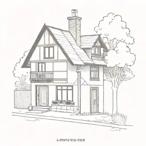 Half Timbered House. garden and tree right. roofed area on the left. paving stone way with creek to the house tattoo design idea