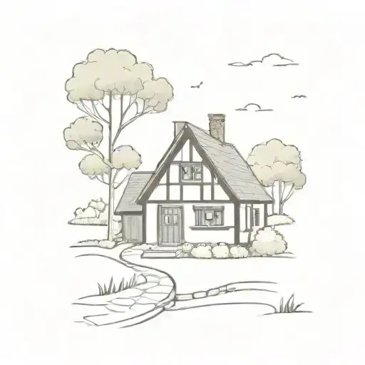 straight stone way with creek next to it leads to half timbered house with garden and tree right and roofed area left tattoo design idea