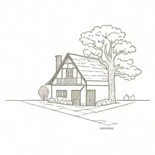 half timbered house with roofed area to the left and a big tree to the right. Paving stone way with a creek to the right tattoo design idea