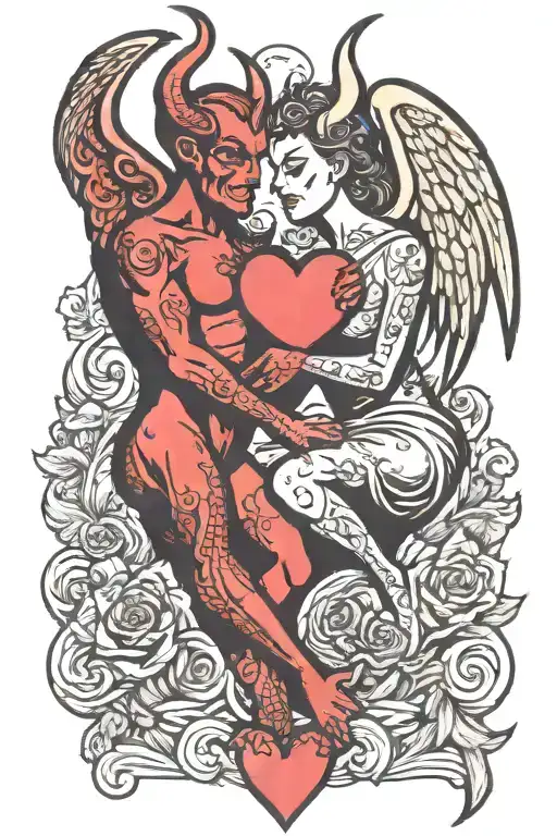 devil and angel fucking love him tattoo design idea