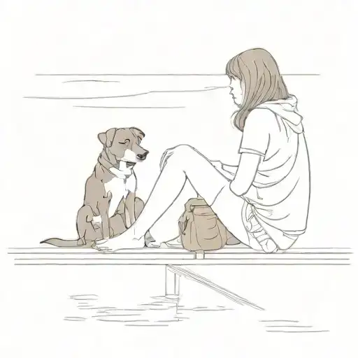 girl sitting on dock, husky to her left, chocolate lab to her right tattoo design idea