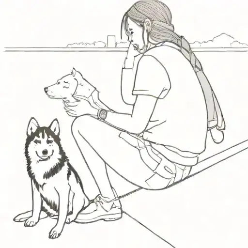 girl sitting on dock facing water. husky on left side, chocolate lab on right side tattoo design idea