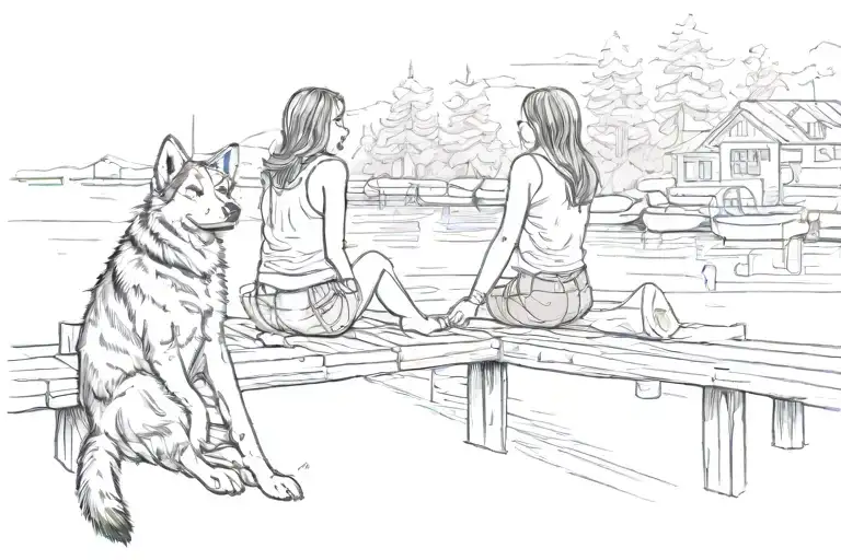 girl sitting on dock facing water. husky on left side, chocolate lab on right side tattoo design idea