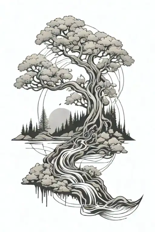 An abstract design featuring a river flowing through a forest, with hidden engineering symbols woven into the design tattoo design idea