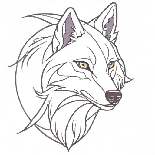 A minimalist tattoo of a wolf in a traditional Japanese art style, with purple accents highlighting its fur tattoo design idea