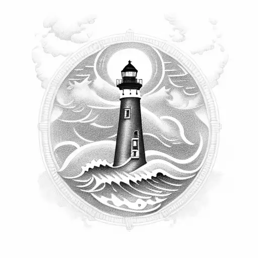 A blackwork tattoo of a haunted lighthouse surrounded by stormy waves tattoo design idea