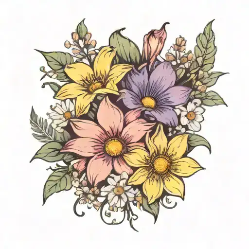 flower bouquet- daffording, daisy, water lily and morning glory. simple and small tattoo design idea