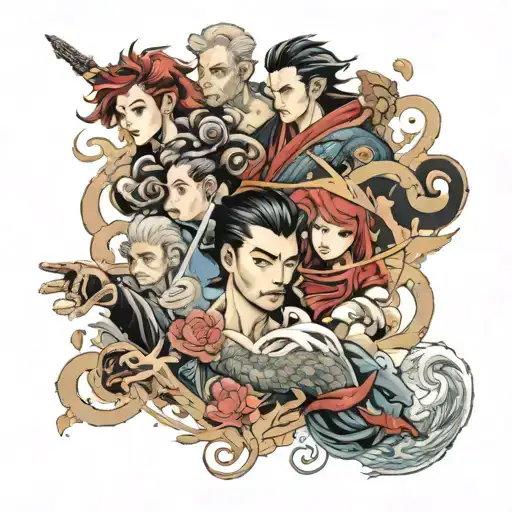shen Ron with all 7 characters in a arm sleeve tattoo design idea