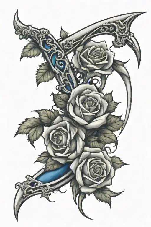 A tattoo design featuring a Scythe intertwined with blue roses tattoo design idea