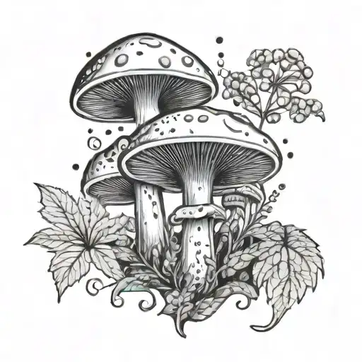 mushroom with baby fiddlehead fern plant tattoo design idea