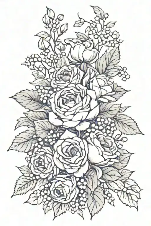 rose and peony and snow drop and morning glory and violet and holly berry flower bouquet  tattoo design idea