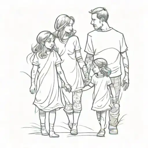 Mother and father holding hands with daughter (3 years old) in the middle, facing forwards tattoo design idea