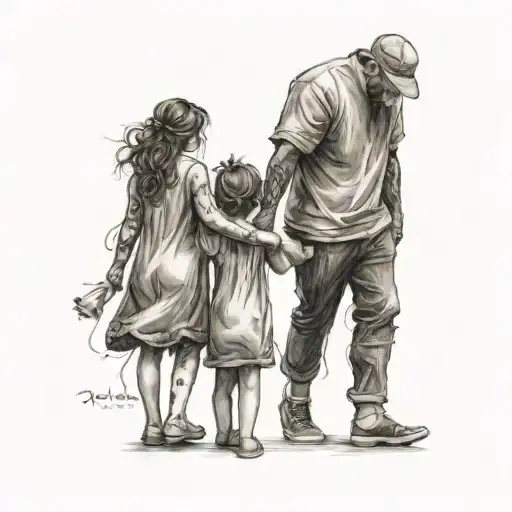 Mother, 3 year old daughter and father all holding hands, from behind tattoo design idea