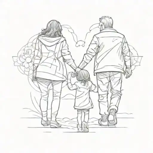 Mother and father holding hands with 3 year old daughter in the middle, from behind tattoo design idea