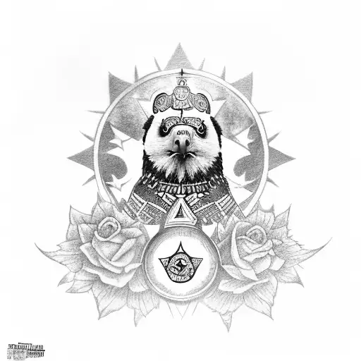 an eagle totem with a star on its chest on top of a panda totem with a fleur de lis on its chest on top of a mammoth tot tattoo design idea
