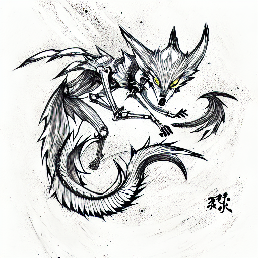 nine tailed fox skeleton with an auta attacking tattoo design idea