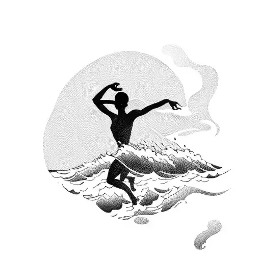A silhouette of a person running on a beach at sunset, with waves crashing in the background tattoo design idea