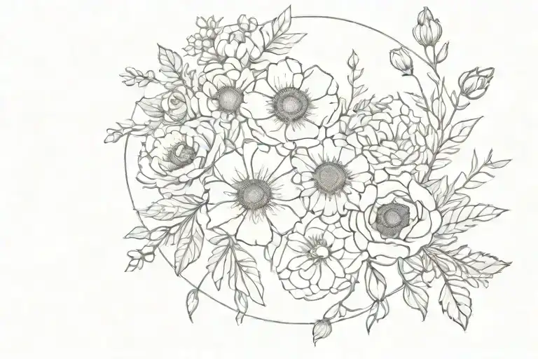 circle of honeysuckle, poppy, lavender, buttercup, sunflower, rose, and carnations tattoo design idea
