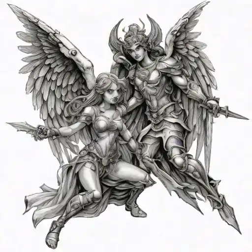 female angel guiding demon knight tattoo design idea