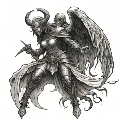 demon knight guiding female angel  tattoo design idea