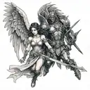 female angel guiding demon knight tattoo design idea