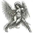female angel guiding demon knight tattoo design idea
