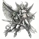 female angel guiding demon knight tattoo design idea