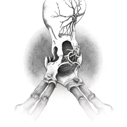 Bone hand reaching up for through soil for an apple falling from a tree with long roots that are underground tattoo design idea