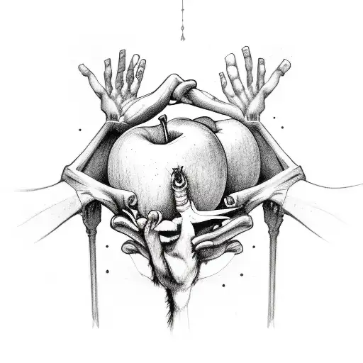 The grim reapers Forearm and hand reaching up from underground for an apple that is falling down  from a dying tree with tattoo design idea