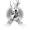 Bone hand reaching up for through soil for an apple falling from a tree with long roots that are underground tattoo design idea
