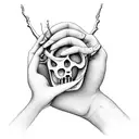 Bone hand reaching up for through soil for an apple falling from a tree with long roots that are underground tattoo design idea