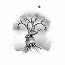 Bone hand reaching up for through soil for an apple falling from a tree with long roots that are underground tattoo design idea