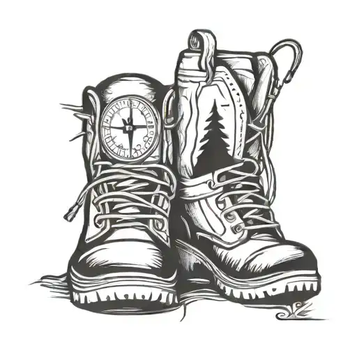 A minimalist line art tattoo of a compass and hiking boots, symbolizing the client's love for hiking and exploration tattoo design idea