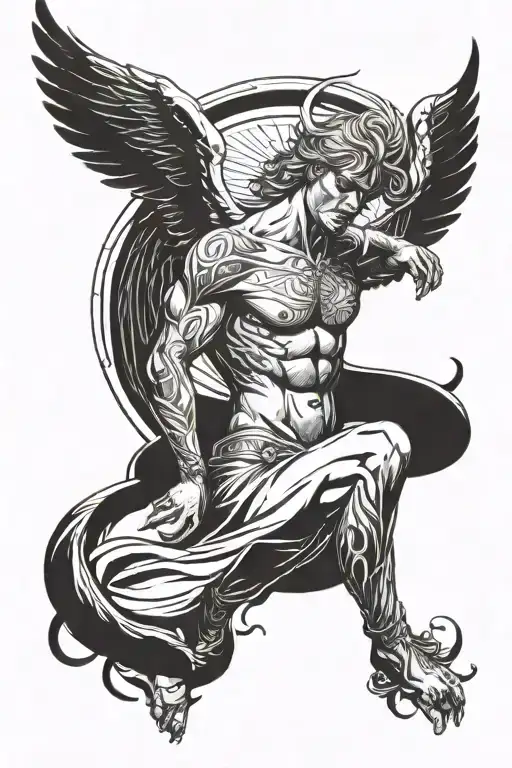 male guardian angel shirtless with one raised wing tattoo design idea