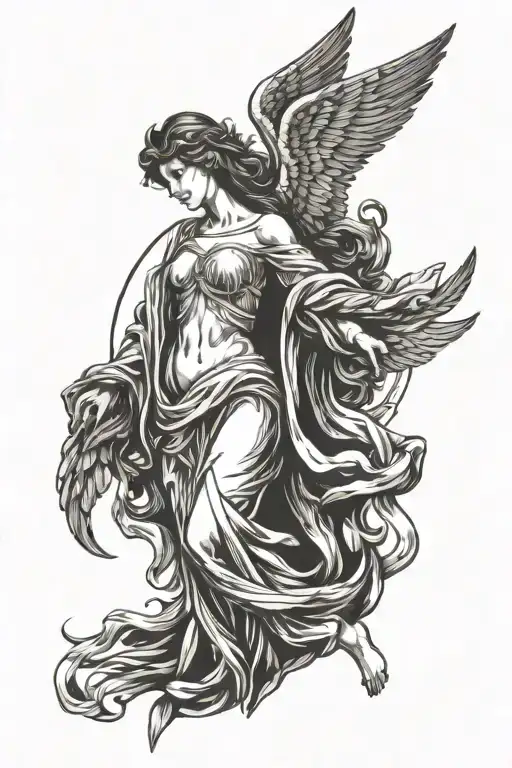 Guardian angel with one raised wing and topless tattoo design idea