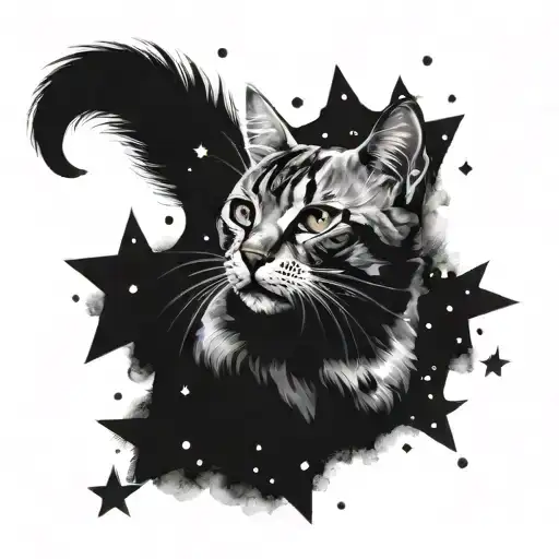 Cat, stars, watercolor tattoo design idea