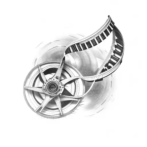 A black and grey tattoo of a film reel intertwined with piano keys tattoo design idea