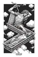 Create a Tattoo of Alexander the great lying in coffin with hands Swinging outside the coffin, conceptual art tattoo design idea