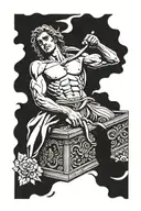 Create a Tattoo of Alexander the great lying in coffin with hands Swinging outside the coffin, conceptual art tattoo design idea